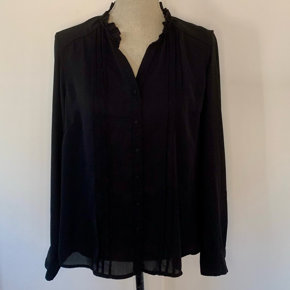 Nanette Lepore long sleeve black ruffle neck pleated button down top